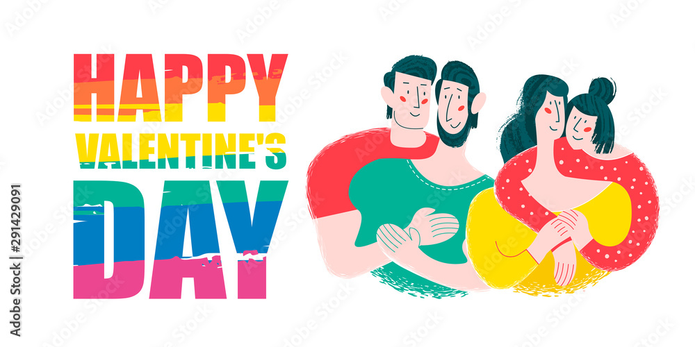 Fototapeta premium Happy Valentine's day. Vector greeting card with two gay and lesbian couples.