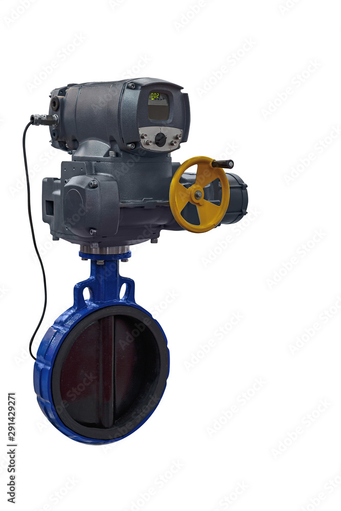 modern shut-off valve with automatic and manual control for a gas pipeline isolated on white background modern shut-off valve with automatic and manual control for a gas pipeline isolated on white background