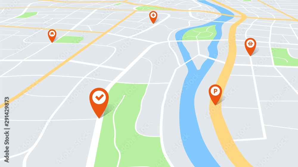 Obraz premium Mapa miasta z pinami. Plan miasta w kolorze kartografii w perspektywie z czerwonymi wskazówkami nawigacyjnymi na trasie. Koncepcja wektor turystyki miejskiej