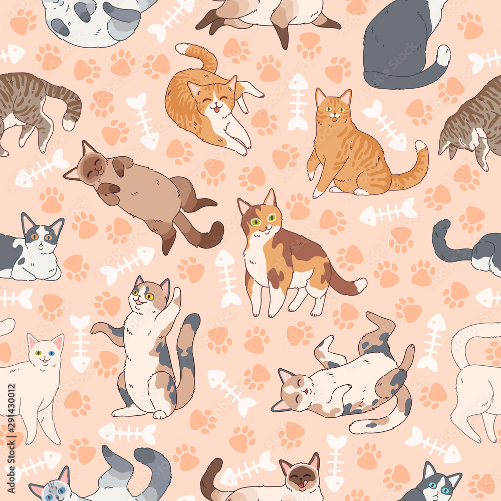 Cat pattern. Seamless texture with cute multicolor cats, kids