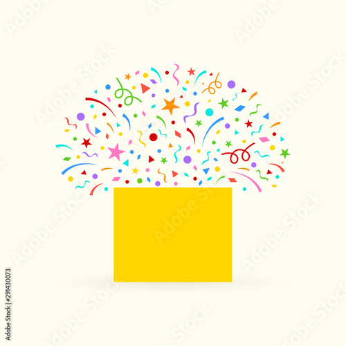 Gift box icon with confetti. Surprise package. Opened present box with fireworks. Christmas, Birthday celebration, Party, greeting card design element. Vector illustration.