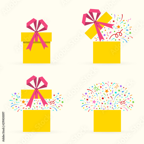 Gift box icon set with confetti. Surprise package with ribbon and bow. Present boxes for Christmas or Birthday celebration. Party, greeting card design elements. Vector illustration.
