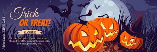 Halloween illustration. Horizontal banner with pumpkins on night background. Autumn landscape.