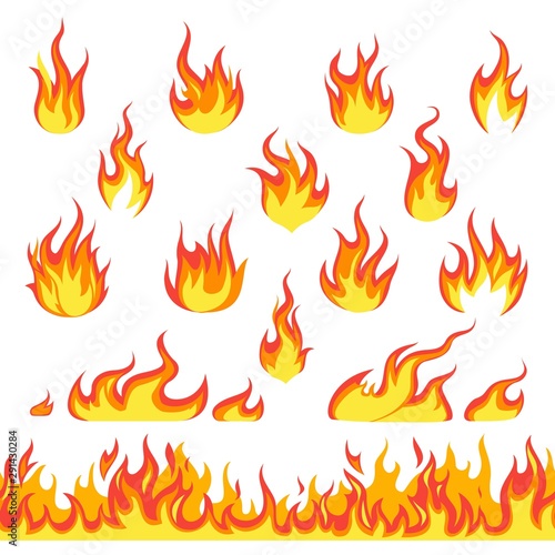 Cartoon fire set. Hot temperature curve painting comic dangerous flame fires isolated vector illustration and seamless pattern