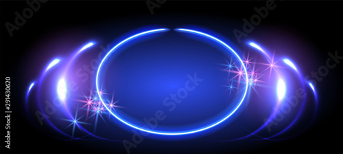 Fantastic background with neon round frame, sparkle stars and space portal into another dimension