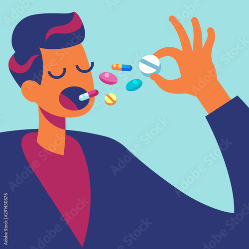 Pills in mouth. Man eating many drugs. Hand with overdose of medicine. Drug addiction treatment and pharmacology vector concept