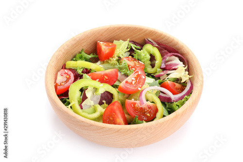 Wooden bowl with fresh salad isolated on white background