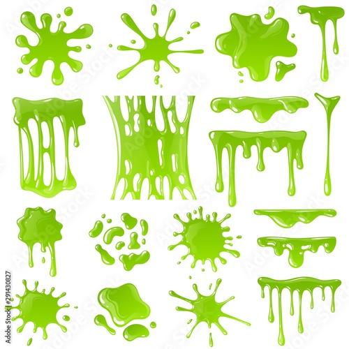 Green slime. Goo blob splashes, toxic dripping mucus. Slimy splodge and drops, liquid borders. Cartoon isolated vector set