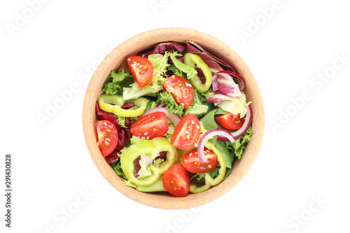 Wooden bowl with fresh salad isolated on white background