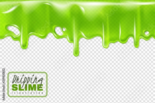 Dripping green slime. Slimy toxic drips isolated, goo flow and mucus fluid. Liquid decoration borders 3d halloween vector background photo