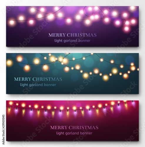 Light garland banners. Glowing light bulbs on strings, festive christmas party decor. Abstract xmas winter holidays flayers vector set