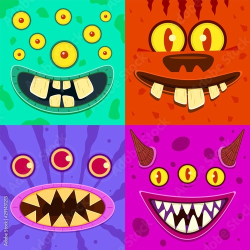 Monster faces. Cute horned crazy goblin and slimy gremlin, scary aliens. Halloween funny trolls, zombie head cartoon vector characters