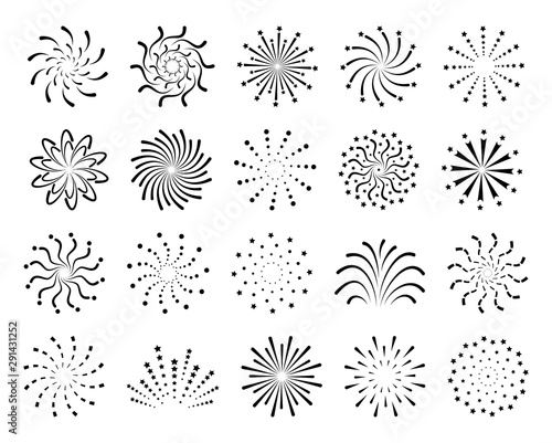 Flat fireworks. Festive christmas salute, new year celebration pyrotechnic explosions with sparks. Firecrackers isolated vector set
