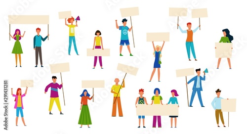 Protesting people. Peaceful protest march, men and women holding blank placards and banner meeting in political action flat vector set