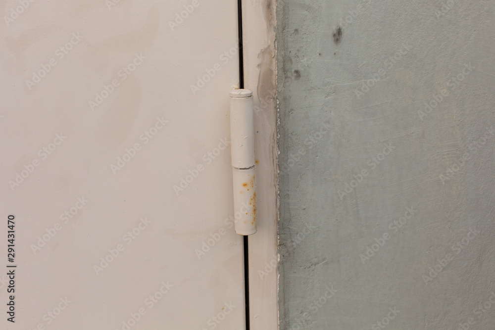 Steel door hinge on a swing door for exterior design. Horizontal shot. Steel door hinge on a swing door for exterior design. Horizontal shot.