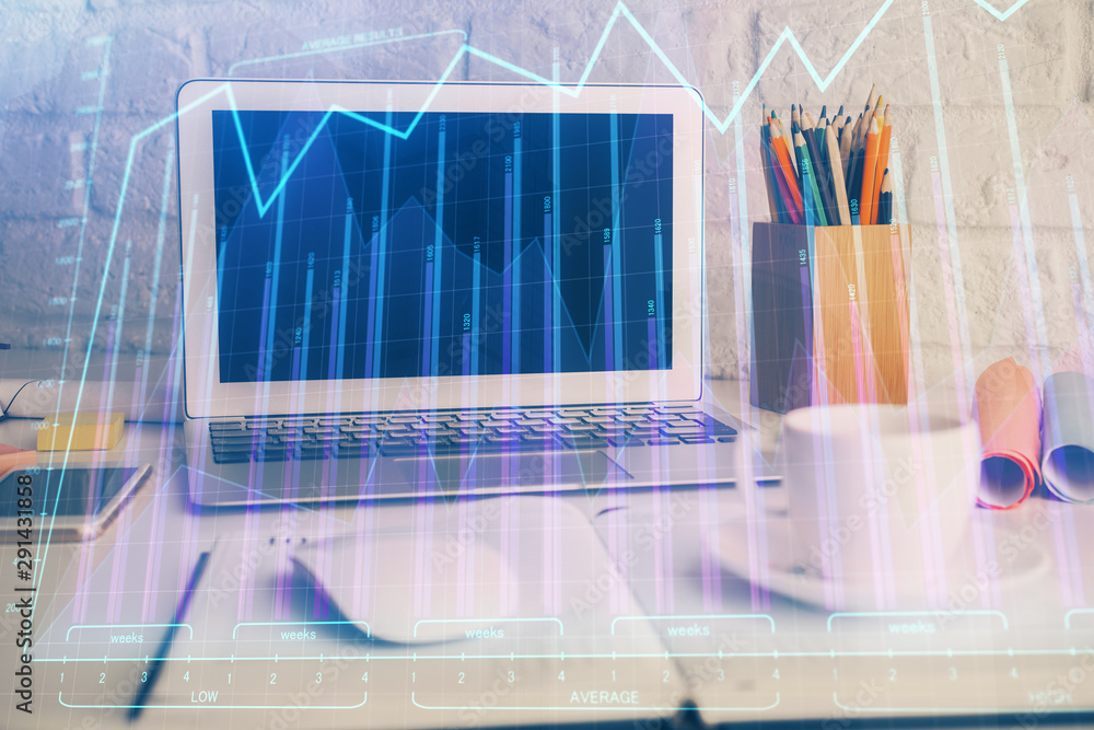 Stock market graph and table with computer background. Multi exposure. Concept of financial analysis. Stock market graph and table with computer background. Multi exposure. Concept of financial analysis.