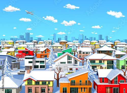 Sunny winter residential area by 3d rendering