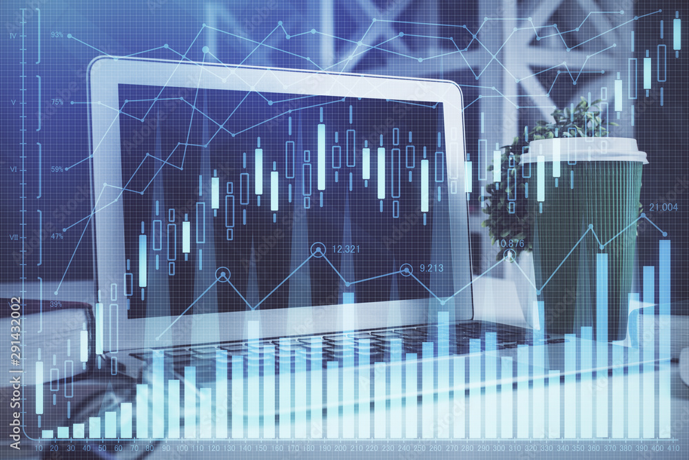 Multi exposure of forex graph and work space with computer. Concept of international online trading. Multi exposure of forex graph and work space with computer. Concept of international online trading.