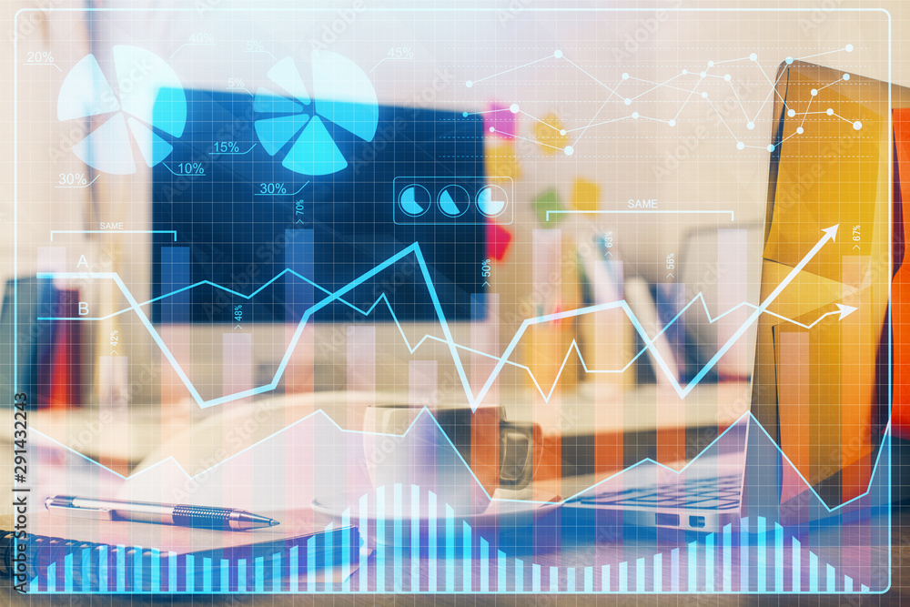 Double exposure of forex chart and work space with computer. Concept of international online trading. Double exposure of forex chart and work space with computer. Concept of international online trading.