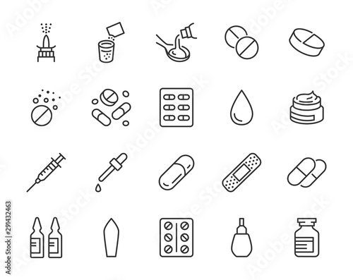 Drug, Pharmacy Medical Line Icons. Vector Illustration Included Icon as Effervescent Pills, Cough Syrup Bottle, Gel, Antibiotic Capsule and other Pharmaceutical Pictogram. Editable Stroke