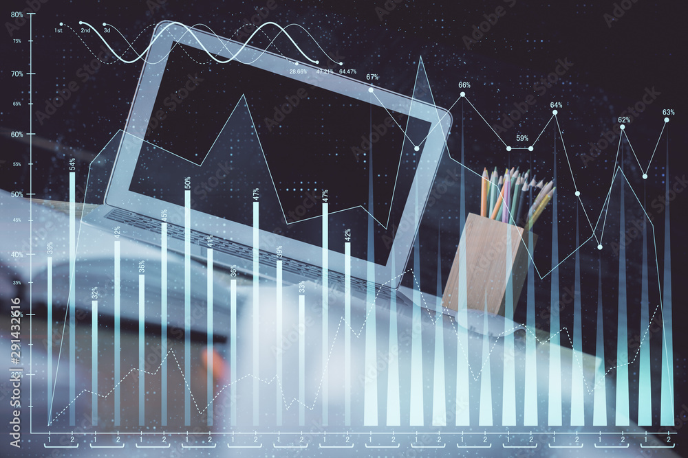 Stock market graph on background with desk and personal computer. Double exposure. Concept of financial analysis. Stock market graph on background with desk and personal computer. Double exposure. Concept of financial analysis.
