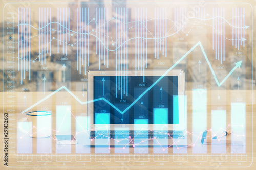 Double exposure of forex chart and work space with computer. Concept of international online trading. © peshkova