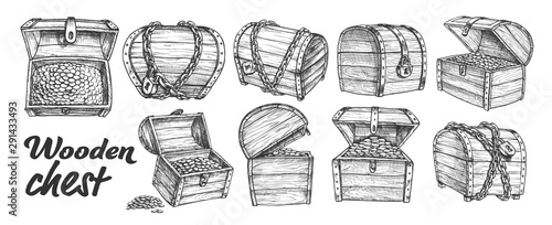 Treasure Chest Collection Monochrome Set Vector. Opened, Closed, Protected Padlock And Chain Pirate Armored Wooden Chest. Engraving Template Designed In Vintage Style Black And White Illustrations