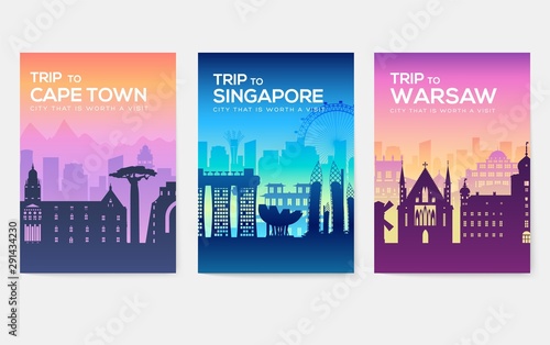 Travel information cards. Landscape template of flyear, magazines, posters, book cover, banners. Country of Chile, Canada, Thailand, Spain, Malaysia, Africa, Asia, Poland, UAE and Jerusalem set