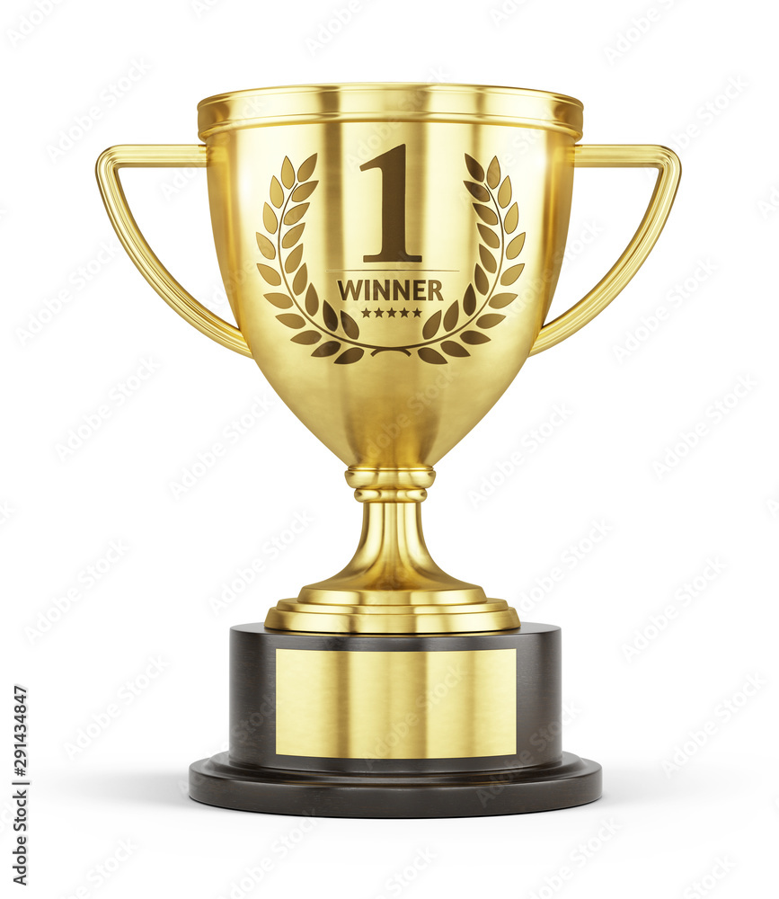 First place gold trophy cup isolated on white background. 3d rendering - obrazy, fototapety, plakaty 