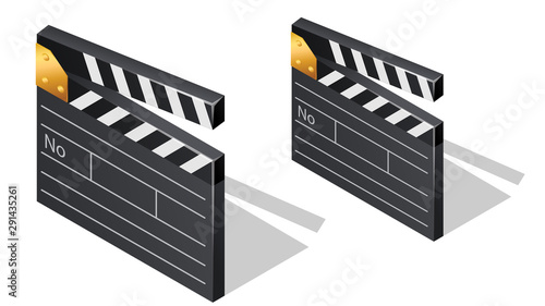 Cinema film clapperboards isometric icons with shadow cartoon vector illustration isolated on white background