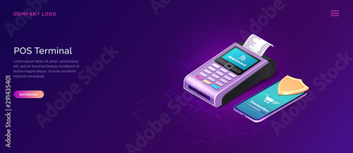 POS terminal business concept vector isometric illustration. Contactless payment security concept, point of sale payment machine with paper check, smartphone and golden shield, ultraviolet web banner