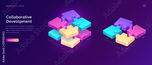 Collaborative development, isometric business concept vector. Color puzzle elements or icons on ultraviolet background. Teamwork, cooperation, partnership and trust 3d concept