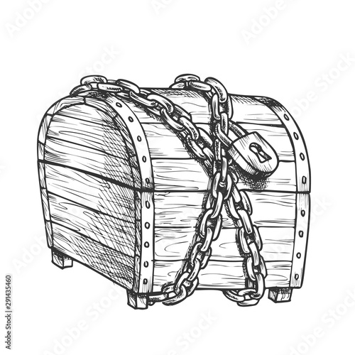 Treasure Chest Protected Metal Chain Ink Vector. Ancient Old Closed Pirate Wooden Chest Container. Jewelry Box Engraving Layout Designed In Vintage Style Black And White Illustration