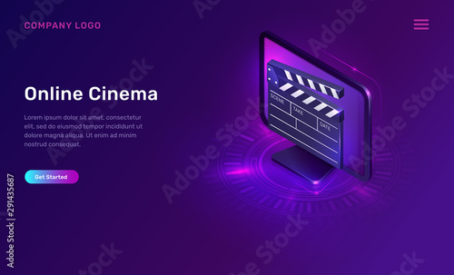 Online cinema or movie, isometric concept vector illustration. Computer monitor or TV screen, clapperboard on ultraviolet background. Home cinema website landing page