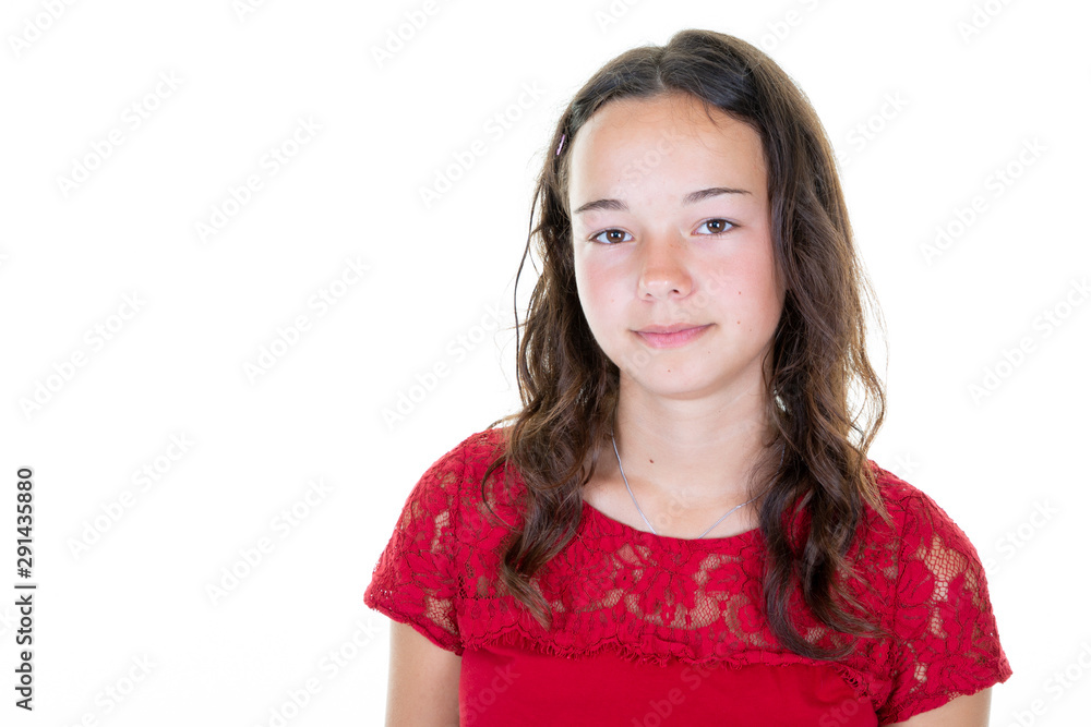 Portrait of young beautiful brunette girl smiling looking at camera aside copy space over white background Portrait of young beautiful brunette girl smiling looking at camera aside copy space over white background