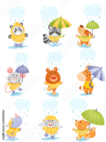 Cute cartoon animals in the rain. Vector illustration.
