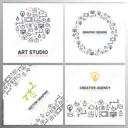 Art Studio, Graphic Design, Creative Agency and Vector Graphic. Set of Backgrounds with doodle design elements.