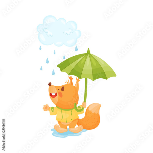 Cartoon squirrel is standing in the rain. Vector illustration.