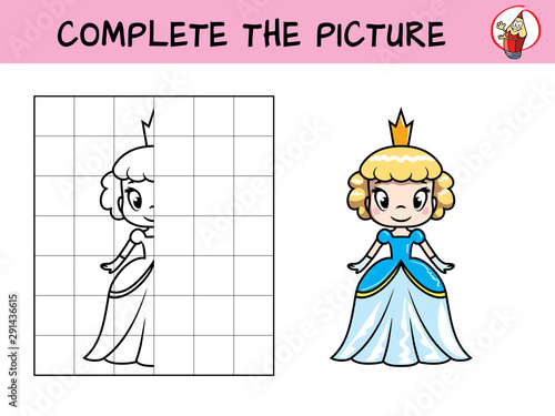 Complete the picture of a beautiful little princess. Copy the picture. Coloring book. Educational game for children. Cartoon vector illustration