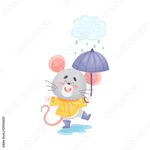 Cute gray mouse walks in the rain. Vector illustration.