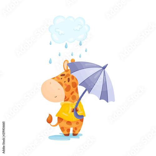Cartoon giraffe stands in the rain. Vector illustration.