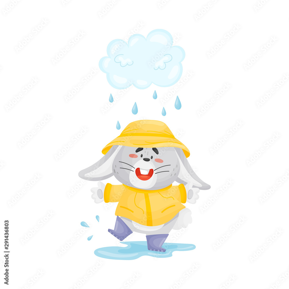 Rabbit is standing in the rain. Vector illustration.