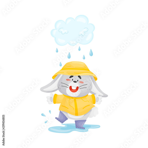 Rabbit is standing in the rain. Vector illustration.