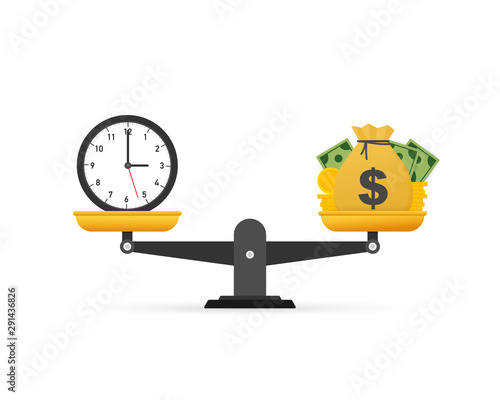 Time is money on scales icon. Money and time balance on scale. Vector illustration.