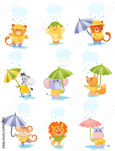 Cartoon humanized animals walk in the rain. Vector illustration.