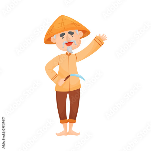 Elderly man holds a sickle in his hand. Vector illustration.