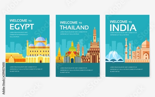 Country of Egypt, Austria, Germany, India, Russia, Thailand, Japan, Italy card set. Travel of the world of flyer, magazines, poster, book cover, banner. Layout infographic template illustration page