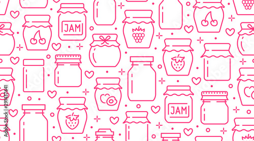 Jam seamless pattern with vector thin line icons. Glass jars with honey, jelly and other canned organic food. Homemade sweet preserves background