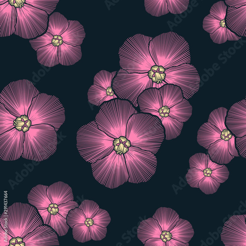 tropical pink flower, imitation embroidery, on dark blue background, seamless pattern, editable vector illustration