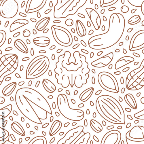 Nut seamless pattern with flat line icons. Vector background of dry nuts and seeds - almond, cashew, peanut, walnut, pistachio. Food texture for grocery shop, brown white color photo